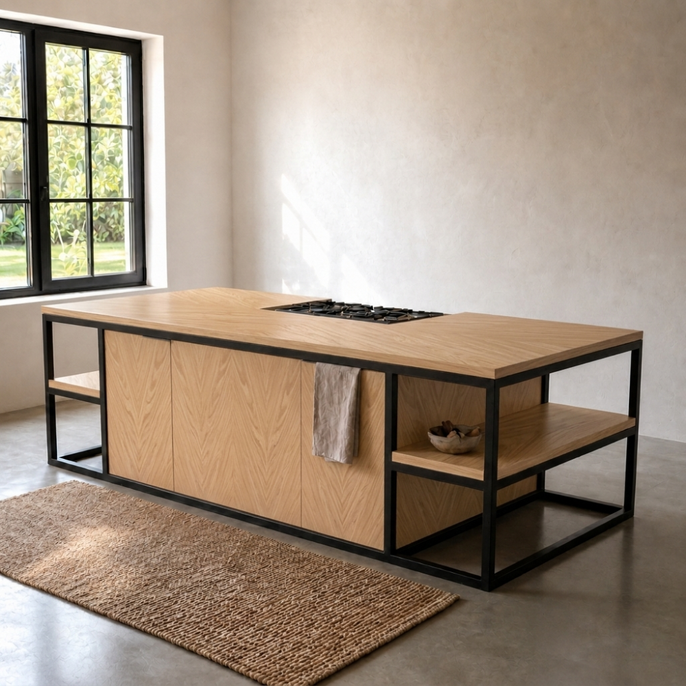 The Woodstock Kitchen Island is a large custom timber and black steel island with 360-degree access and an overhang for bar stools. Made to order in SA.