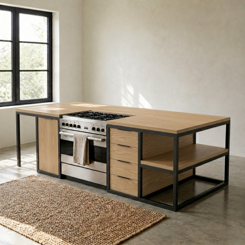 The Woodstock Kitchen Island is a large custom timber and black steel island with 360-degree access and an overhang for bar stools. Made to order in SA.
