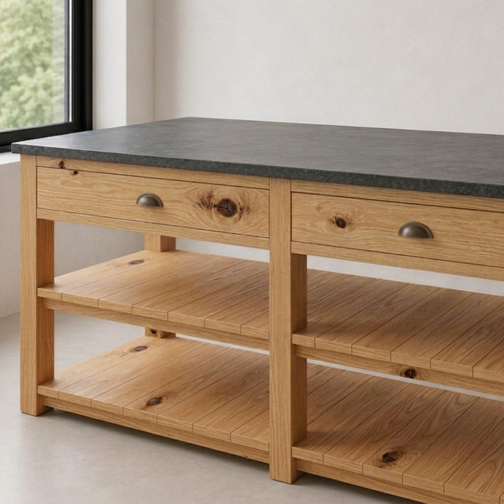 The Zansi Kitchen Island opens on both sides with drawers, optional stone top, and castor wheels. Reclaimed timber. Custom made to your spec in SA.