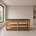The Zansi Kitchen Island opens on both sides with drawers, optional stone top, and castor wheels. Reclaimed timber. Custom made to your spec in SA.
