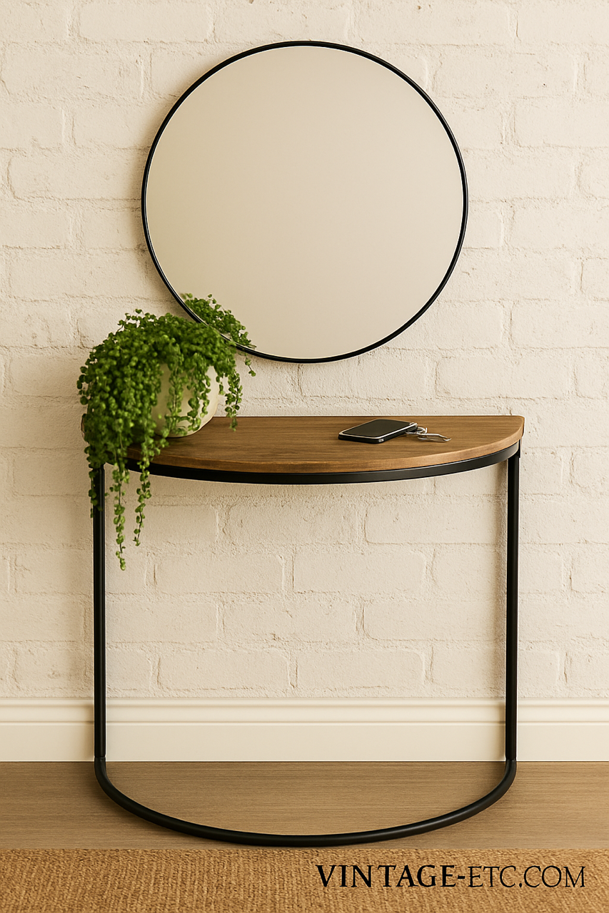 Small wooden table with round mirror above against a white brick wall.