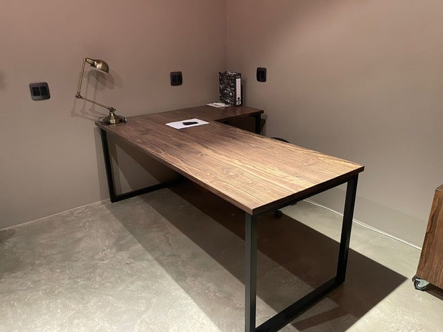 Custom-Made L-shaped Pine Desk with Black Metal Legs