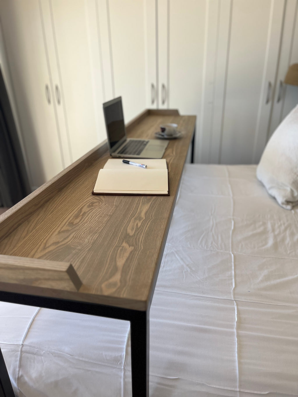 Over-bed wooden desk for work and relaxing. 