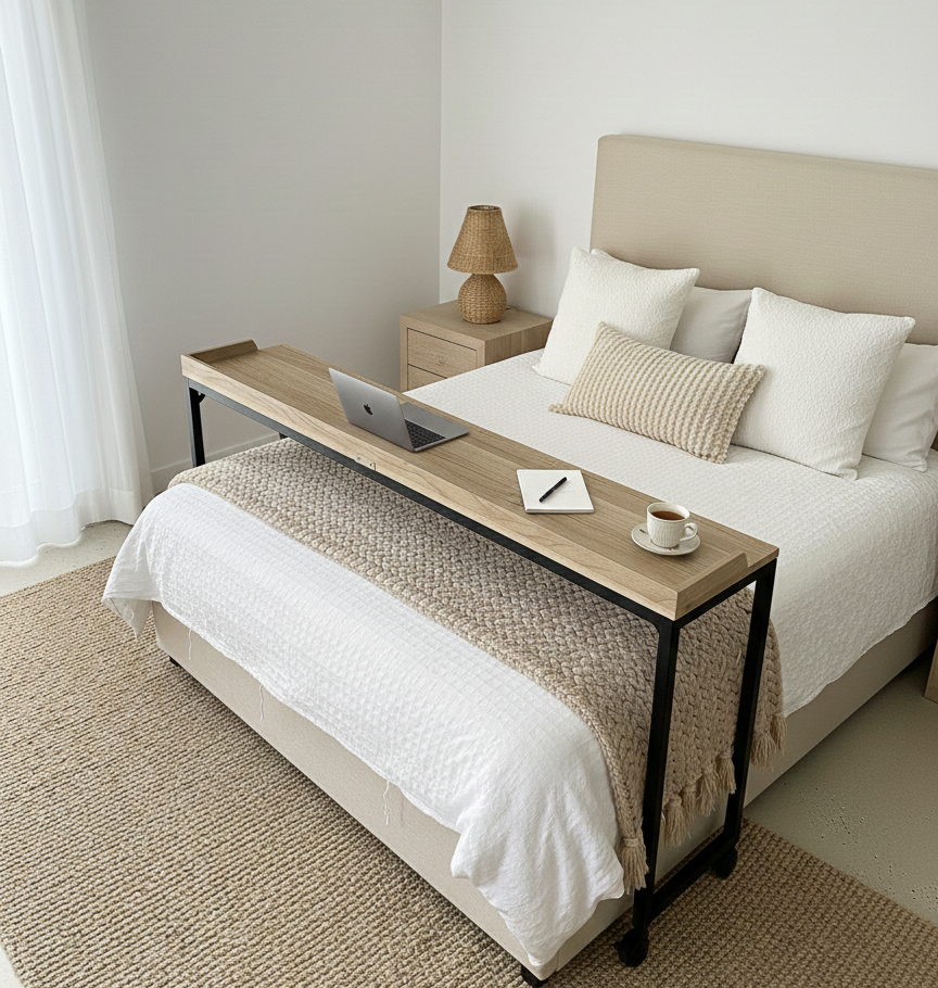 Over-bed wooden desk for work and relaxing. 