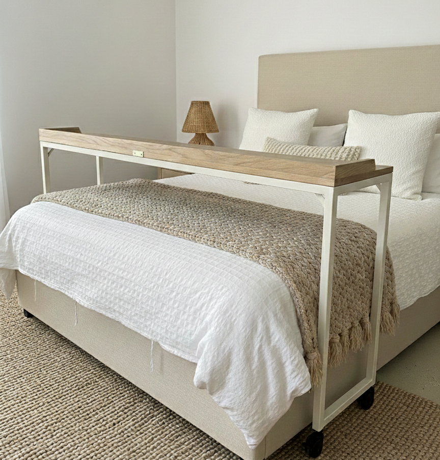 Over-bed wooden desk for work and relaxing. 