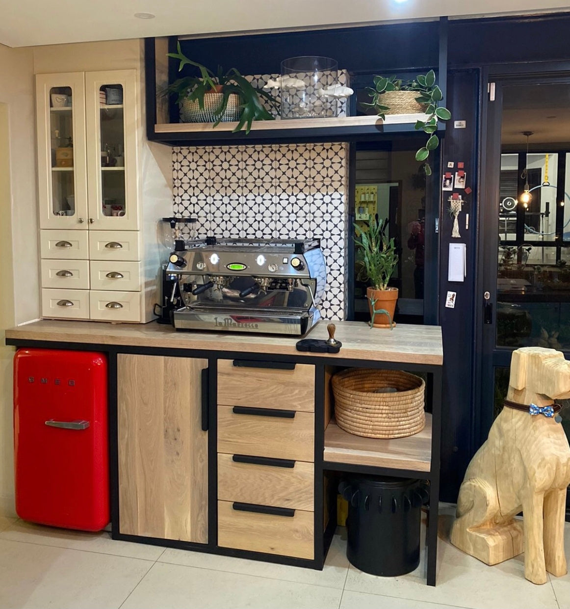 A handcrafted coffee station made from solid Grade A Oak with a light white wash finish by Vintage-etc.