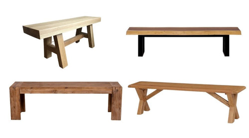 Custom Made Chunky Benches in solid timber with cross, A-leg, or straight legs in wood or powder-coated metal. Made to your size in South Africa.