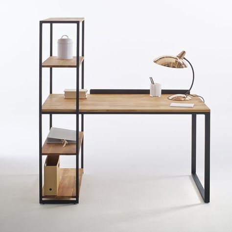 Space saving home study desk with integrated bookshelf, made from reclaimed wood and metal 