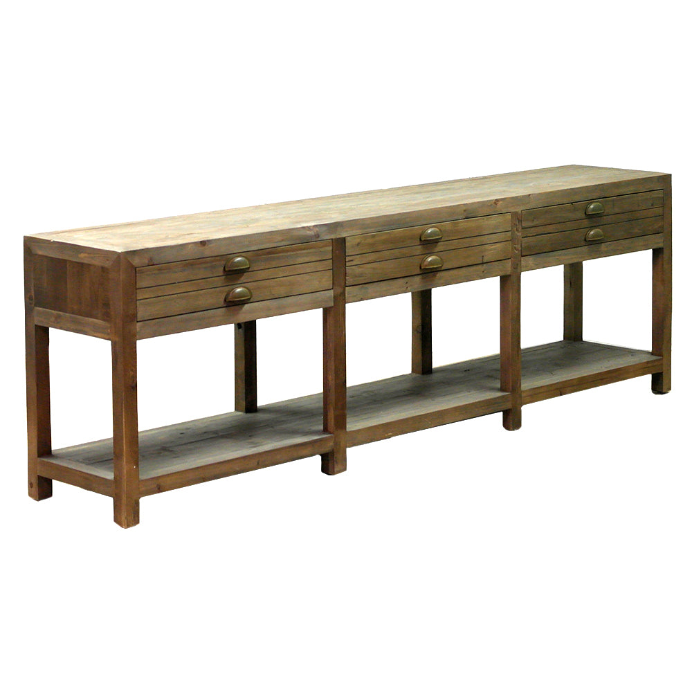 The Lapa Server is a reclaimed Fir sideboard with antique brass cup handles and six deep drawers. Farm-style character. Made to order in SA.