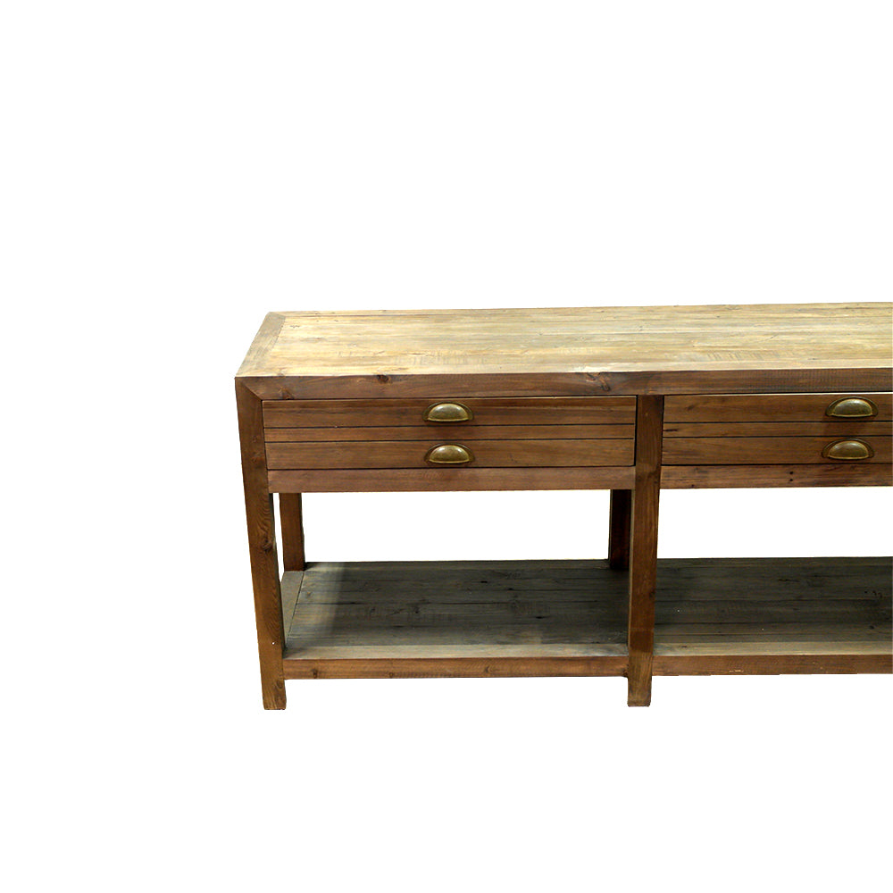 The Lapa Server is a reclaimed Fir sideboard with antique brass cup handles and six deep drawers. Farm-style character. Made to order in SA.