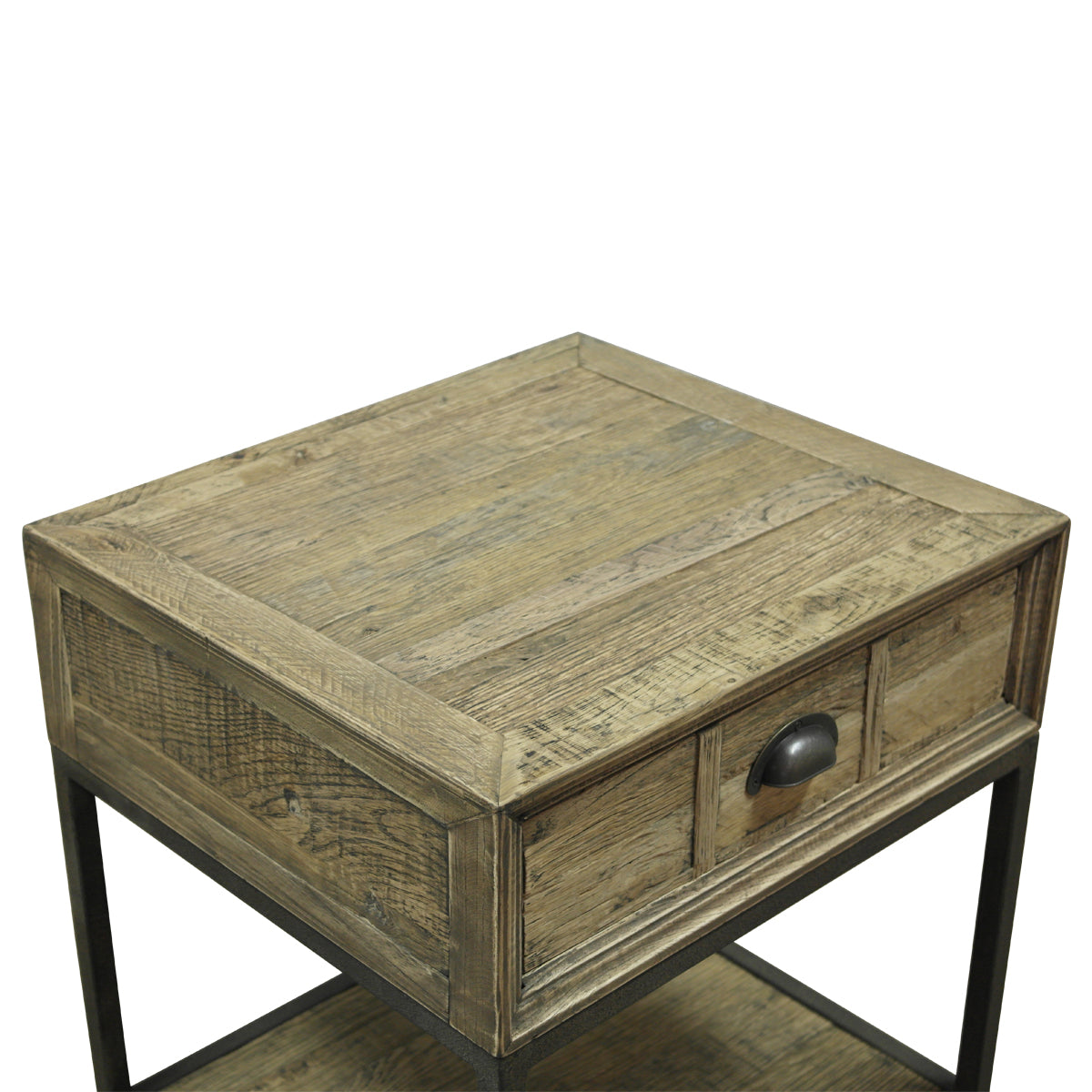 The Latika Nightstand is made from reclaimed Oak with powder-coated metal legs. A compact bedside piece with genuine urban character.