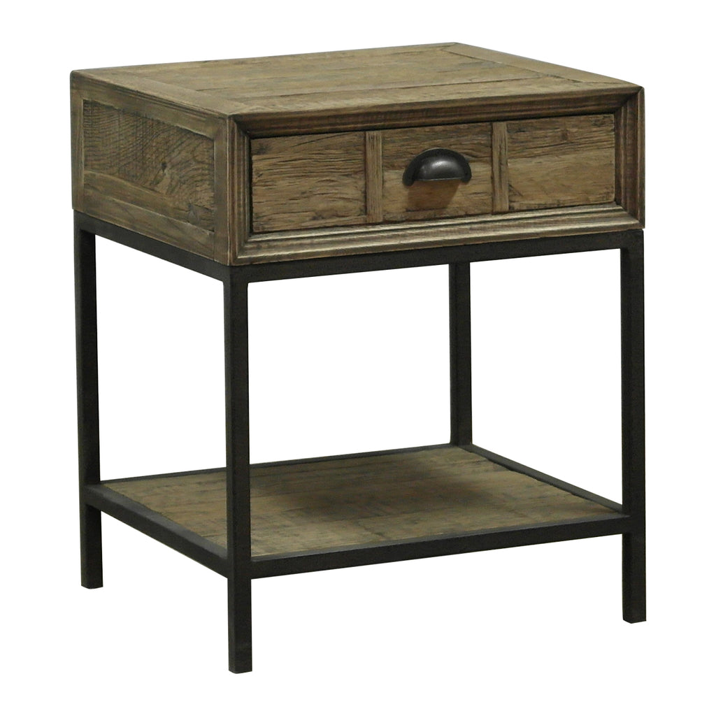 The Latika Nightstand is made from reclaimed Oak with powder-coated metal legs. A compact bedside piece with genuine urban character.
