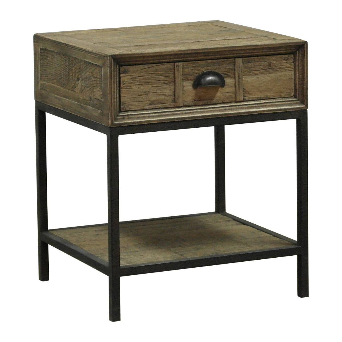The Latika Nightstand is made from reclaimed Oak with powder-coated metal legs. A compact bedside piece with genuine urban character.