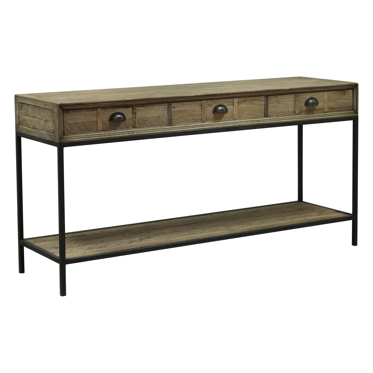 The Marula Console is a reclaimed timber console on powder-coated metal legs — versatile as a hallway table or media unit. Custom made to order.