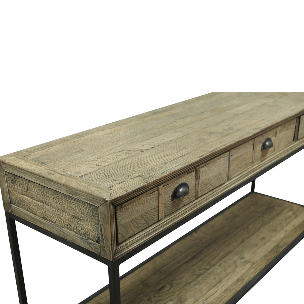 The Marula Console is a reclaimed timber console on powder-coated metal legs — versatile as a hallway table or media unit. Custom made to order.