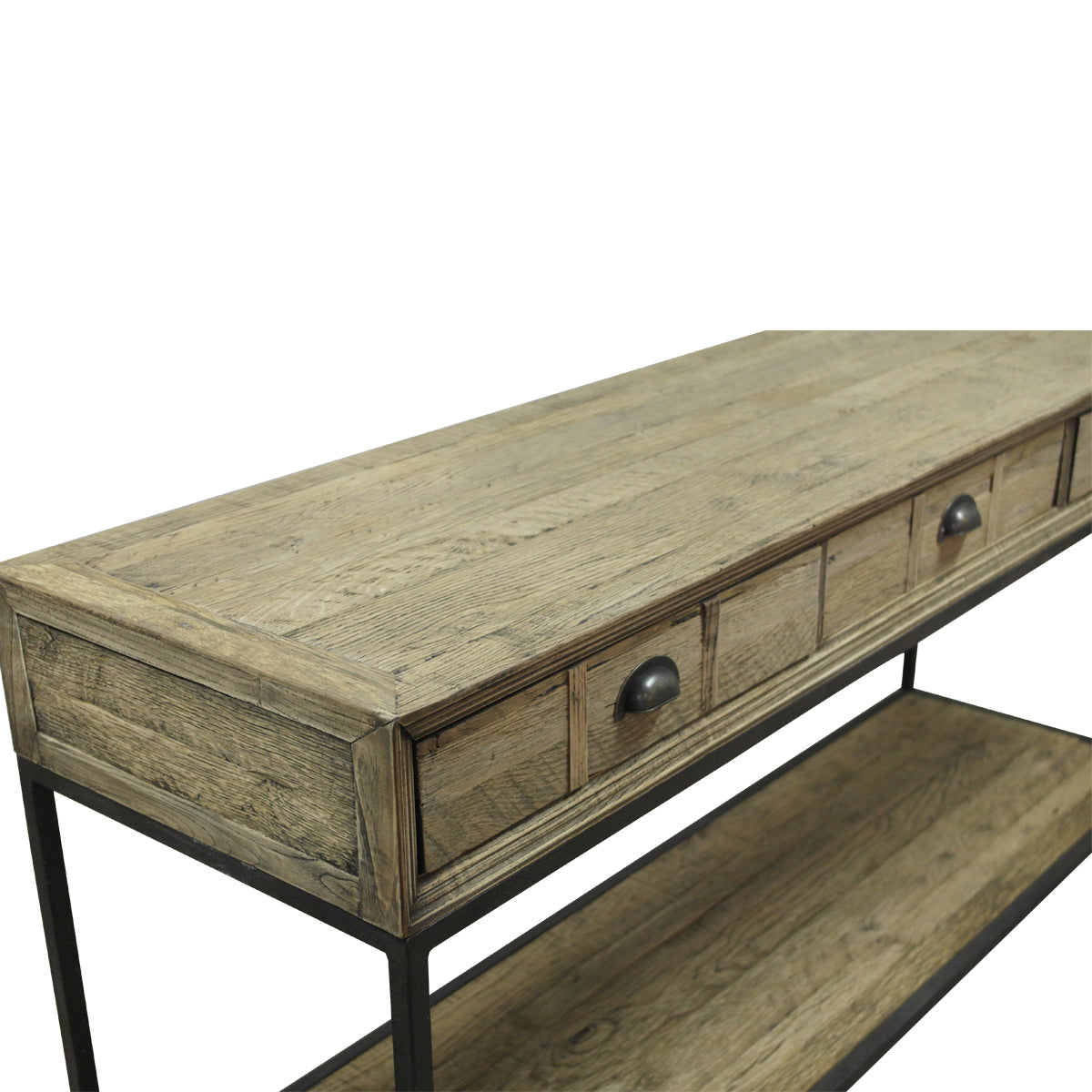 The Marula Console is a reclaimed timber console on powder-coated metal legs — versatile as a hallway table or media unit. Custom made to order.