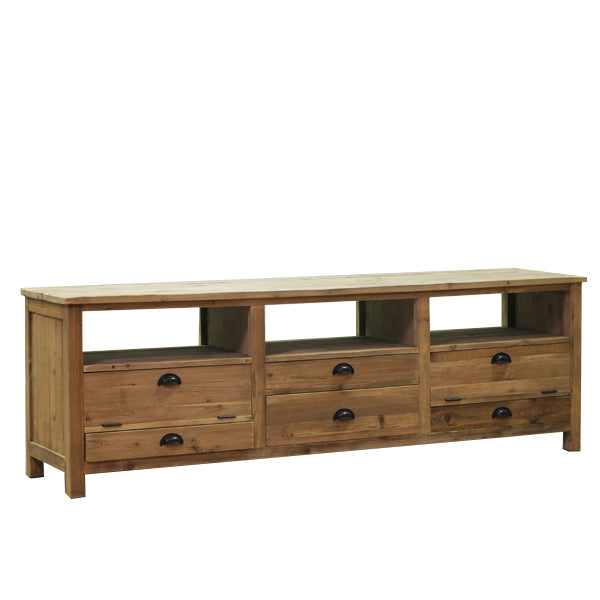 The Moeti Media Unit is a reclaimed Fir media cabinet with hinged cubicles for electronics and easy cable access. Versatile and characterful.