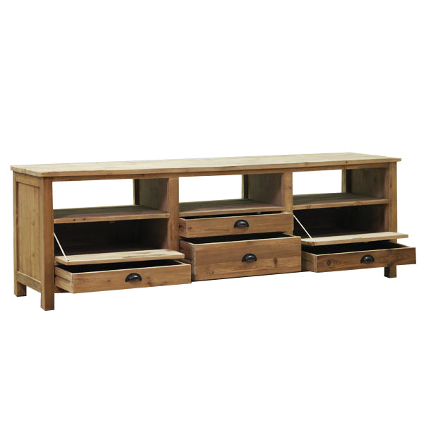 The Moeti Media Unit is a reclaimed Fir media cabinet with hinged cubicles for electronics and easy cable access. Versatile and characterful.