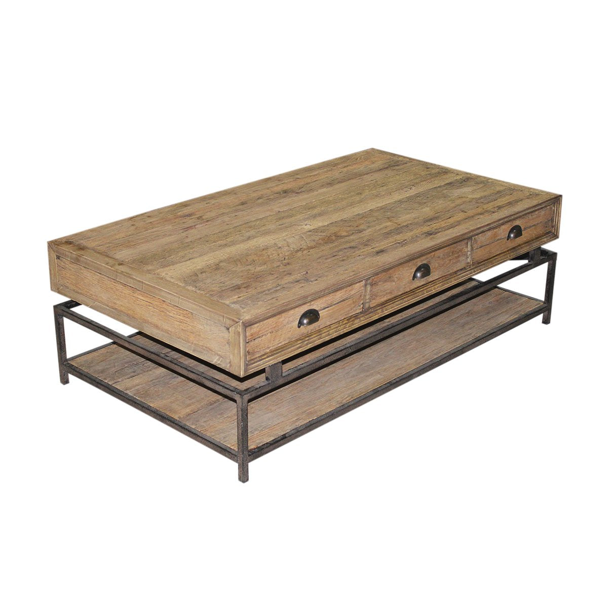 The Pelu Coffee Table features a reclaimed timber top and six storage drawers — three on each side. Urban-industrial finish. Custom made to order in SA.