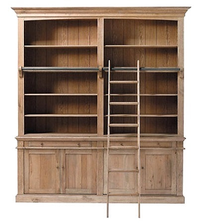 The Phinda Bookcase is a full-height reclaimed Oregon library bookcase with a steel ladder bar and Oak veneer back panels. Optional ladder available.