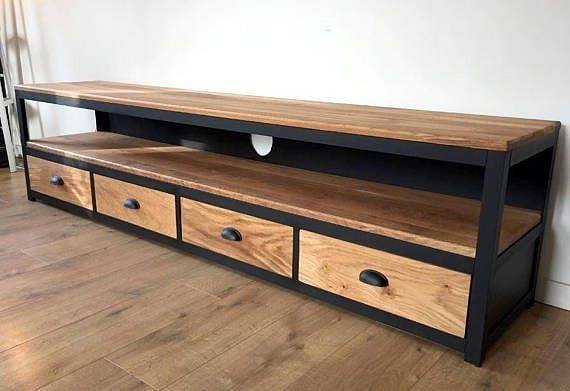 The Shaka Media Unit is shown here in reclaimed Oregon and tubular metal with four deep drawers and cable-through access. Custom made to order in SA.