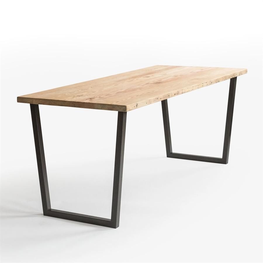 The Waterloo is a solid timber top on angled powder-coated steel legs — works as a dining table, desk, or workstation. Custom made to order in SA.