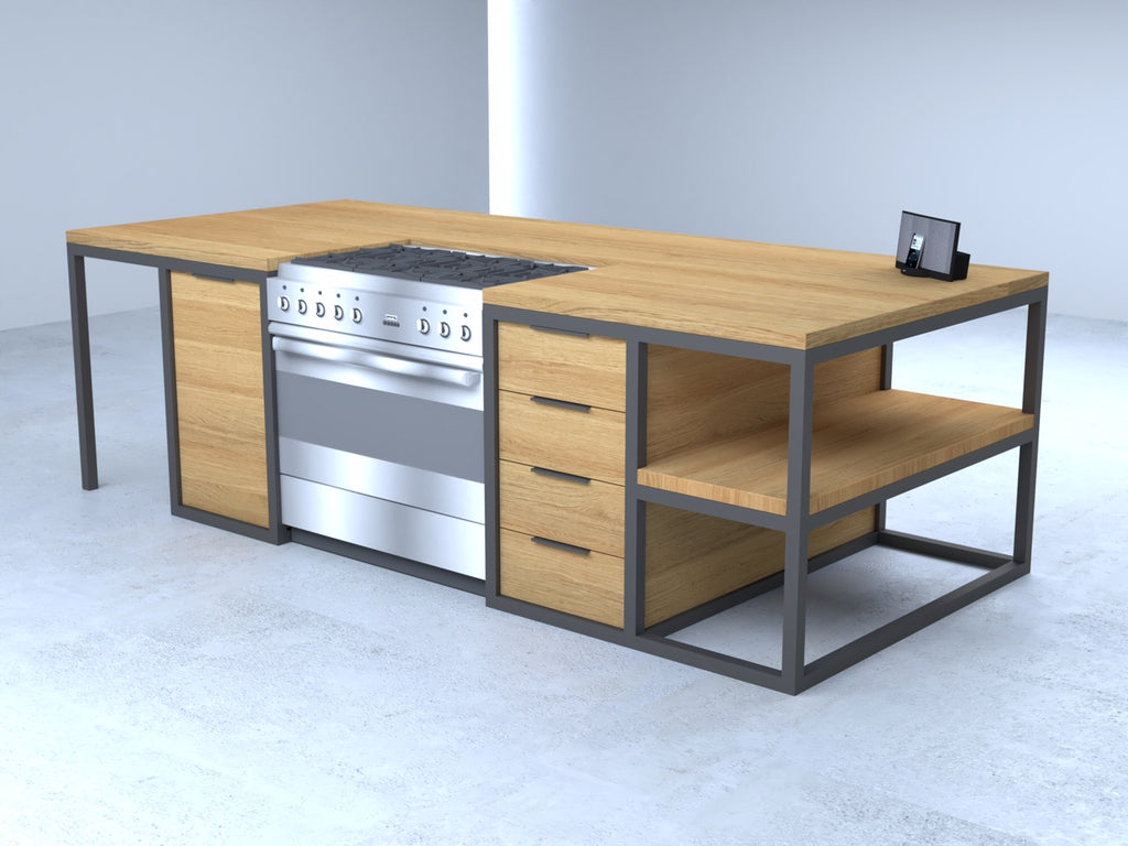 The Woodstock Kitchen Island is a large custom timber and black steel island with 360-degree access and an overhang for bar stools. Made to order in SA.