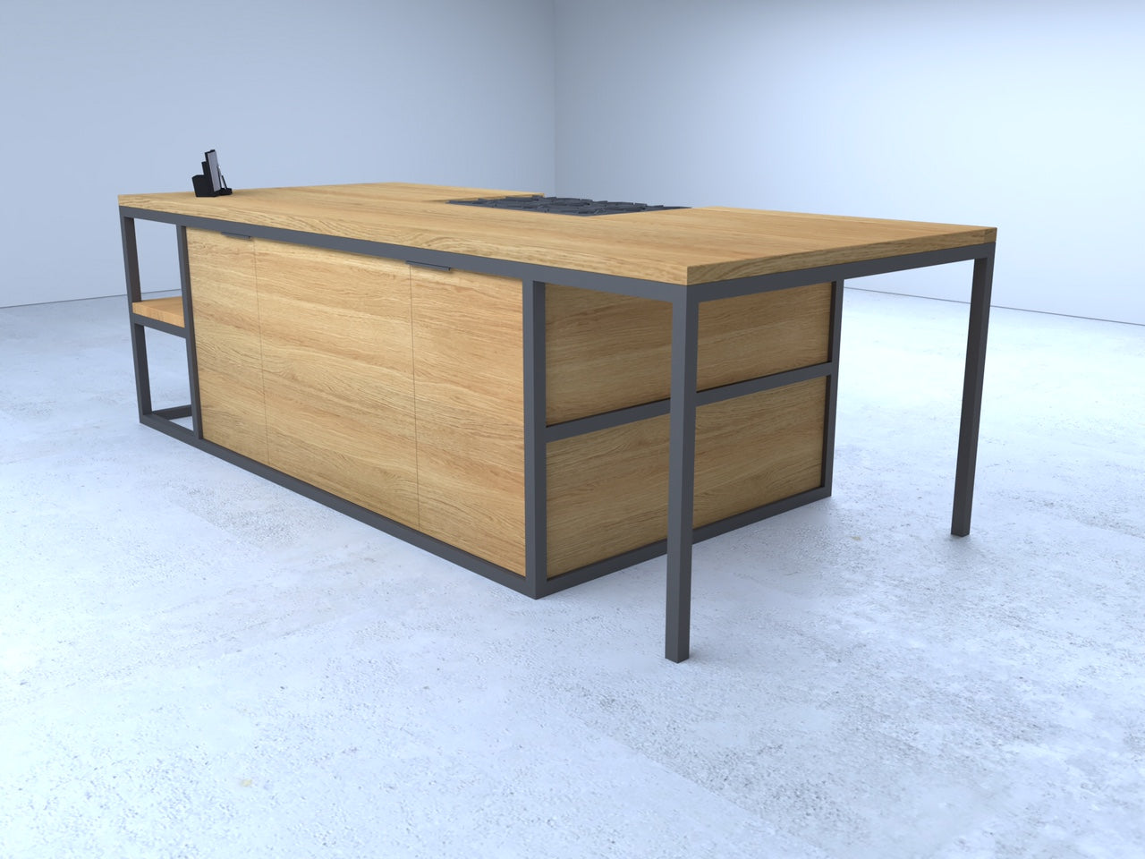 The Woodstock Kitchen Island is a large custom timber and black steel island with 360-degree access and an overhang for bar stools. Made to order in SA.