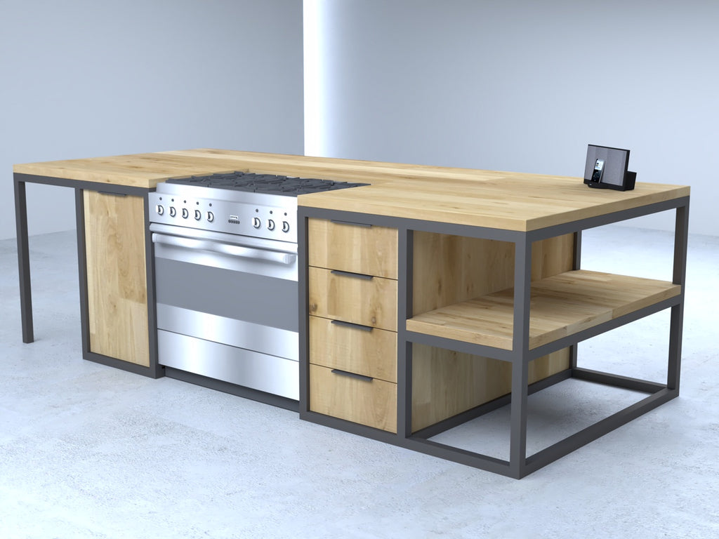 The Woodstock Kitchen Island is a large custom timber and black steel island with 360-degree access and an overhang for bar stools. Made to order in SA.