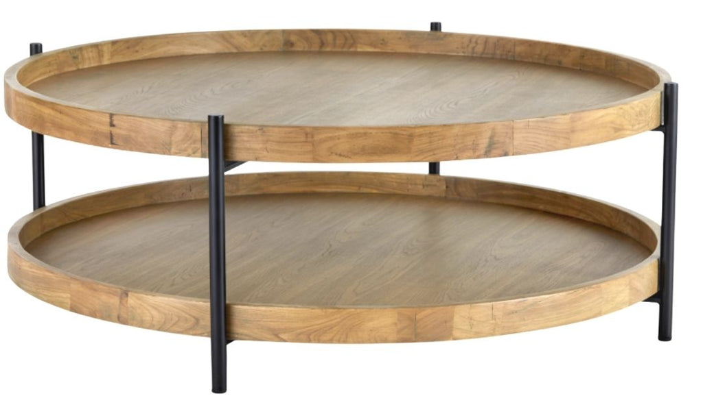 Double tiered round oak coffee table with black tubular frame and legs.