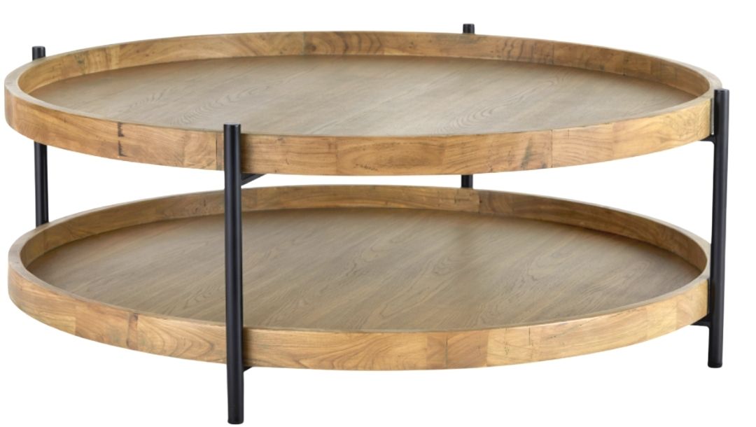 Double tiered round oak coffee table with black tubular frame and legs.