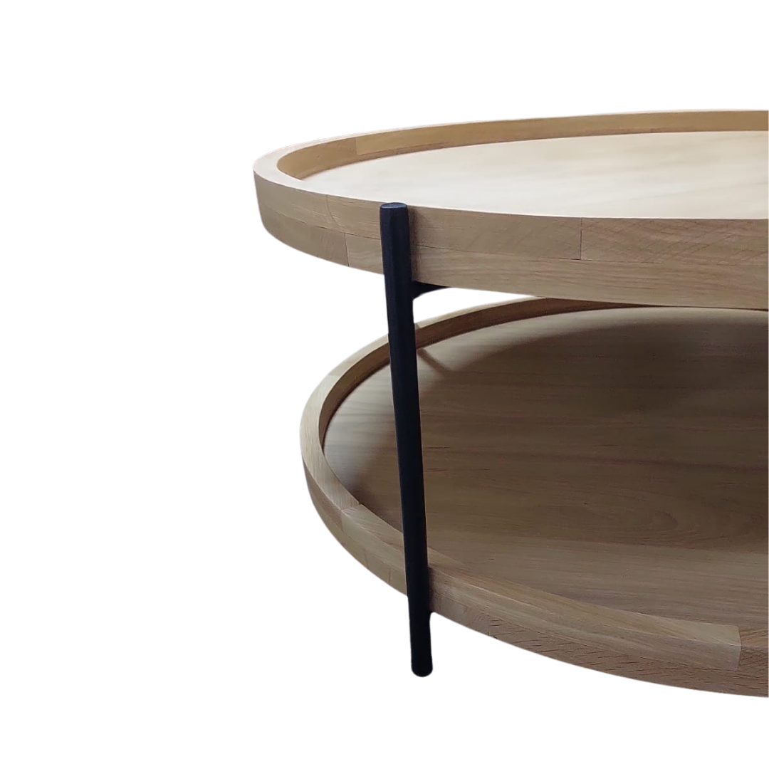 Double tiered round oak coffee table with black tubular frame and legs.