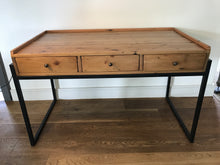 Load image into Gallery viewer, Custom made rustic pine desk with metal legs and three wooden draws.
