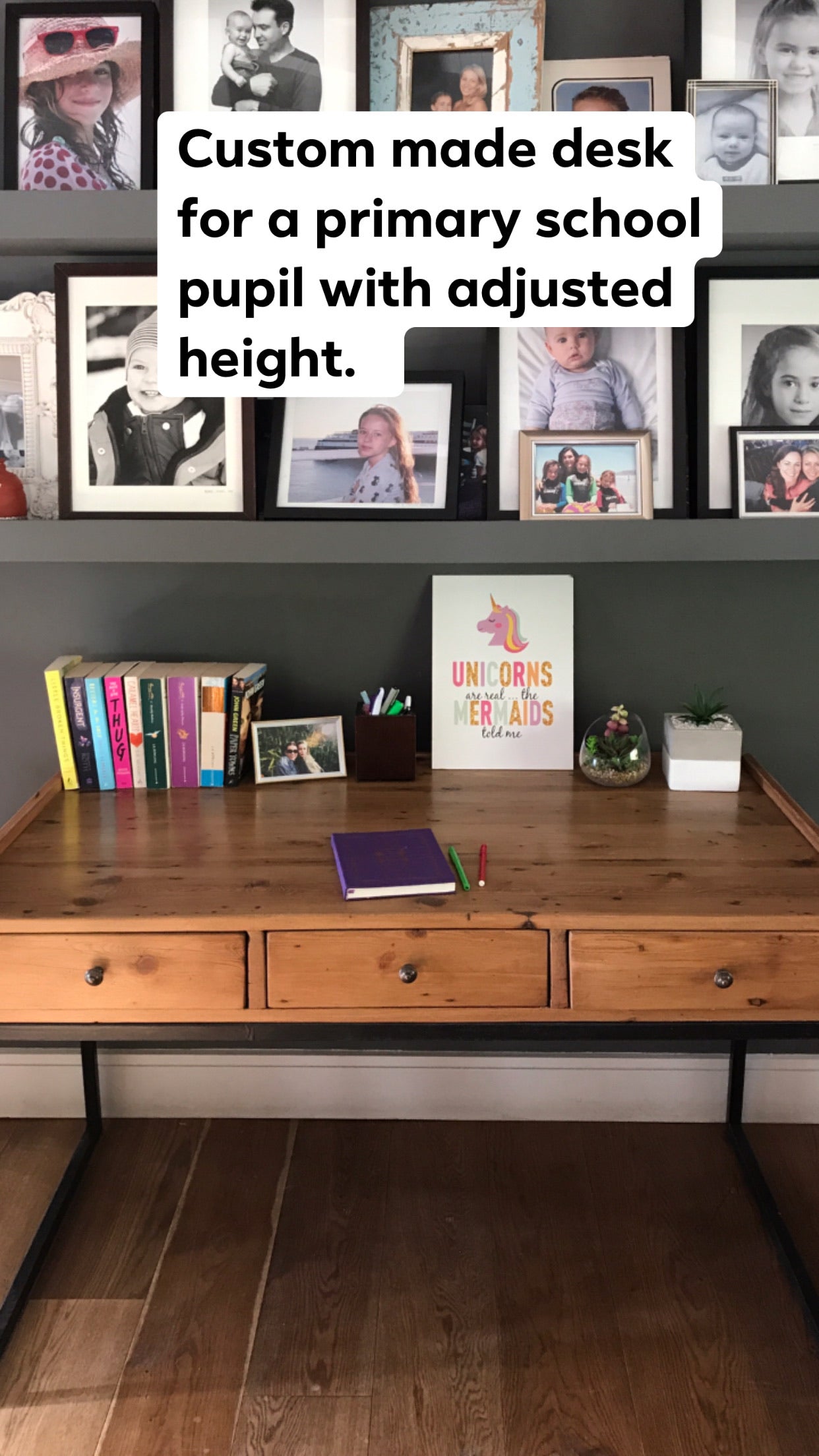 Custom made kids rustic pine desk with metal legs and three wooden draws.