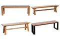 A set of four custom made slim benches in different configurations and materials. One is a straight bench with a matte black metal leg, and the others have wooden legs in various settings.