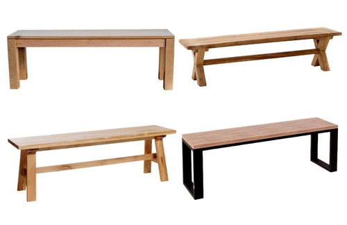 A set of four custom made slim benches in different configurations and materials. One is a straight bench with a matte black metal leg, and the others have wooden legs in various settings.